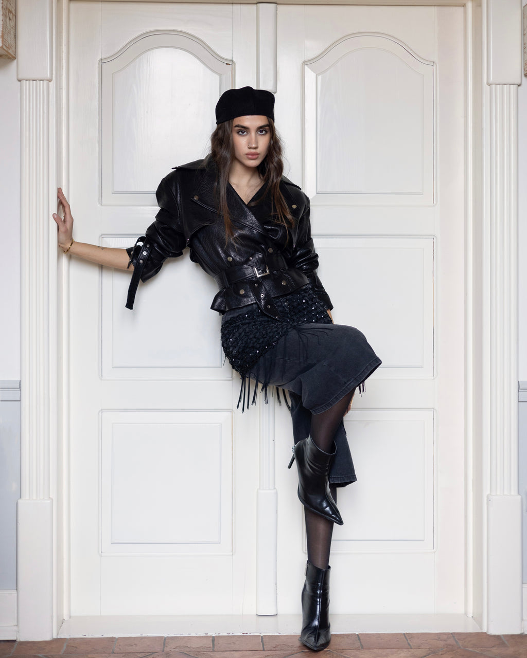 Genuine leather jacket for women, silver accessories