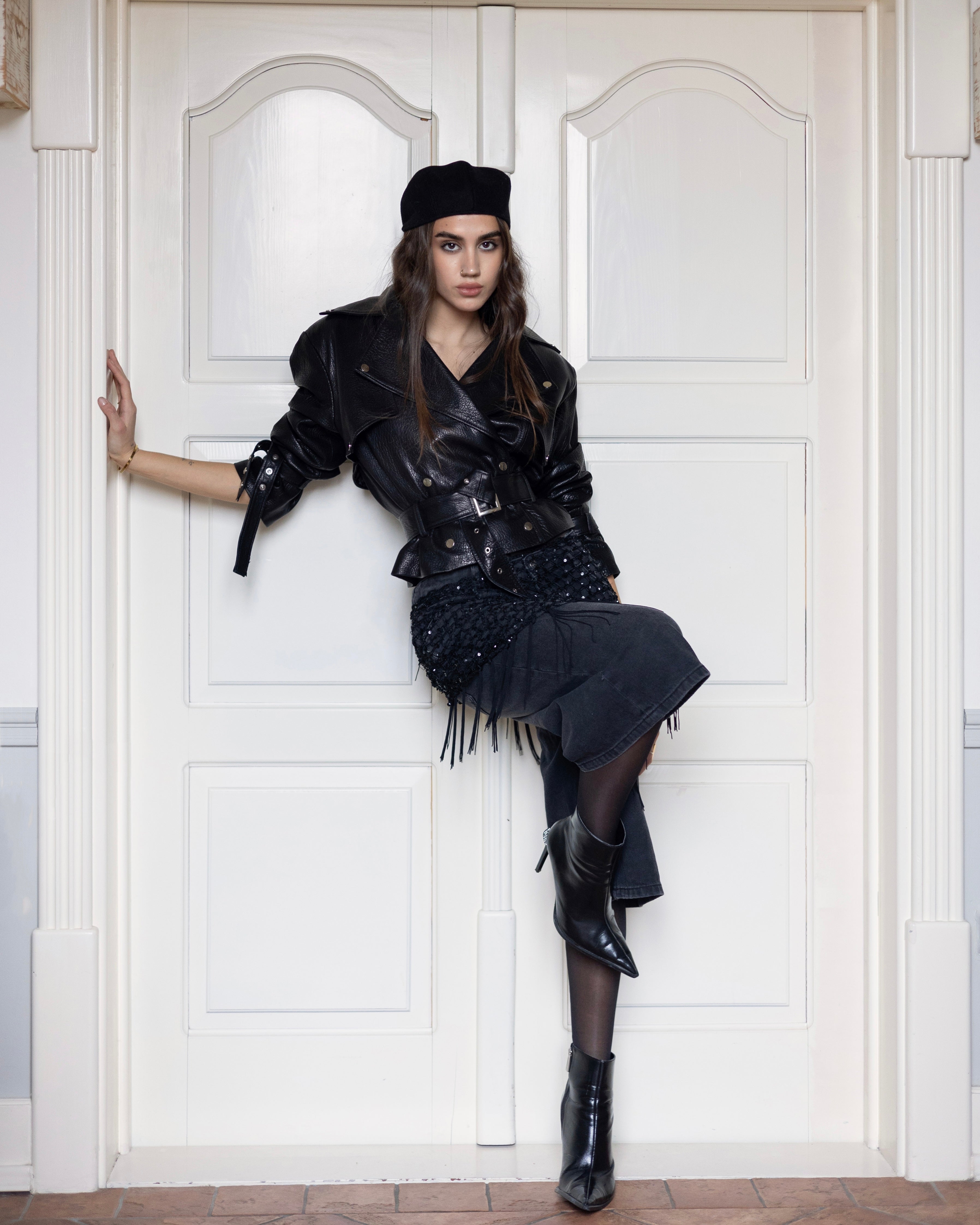 Genuine leather jacket for women, silver accessories