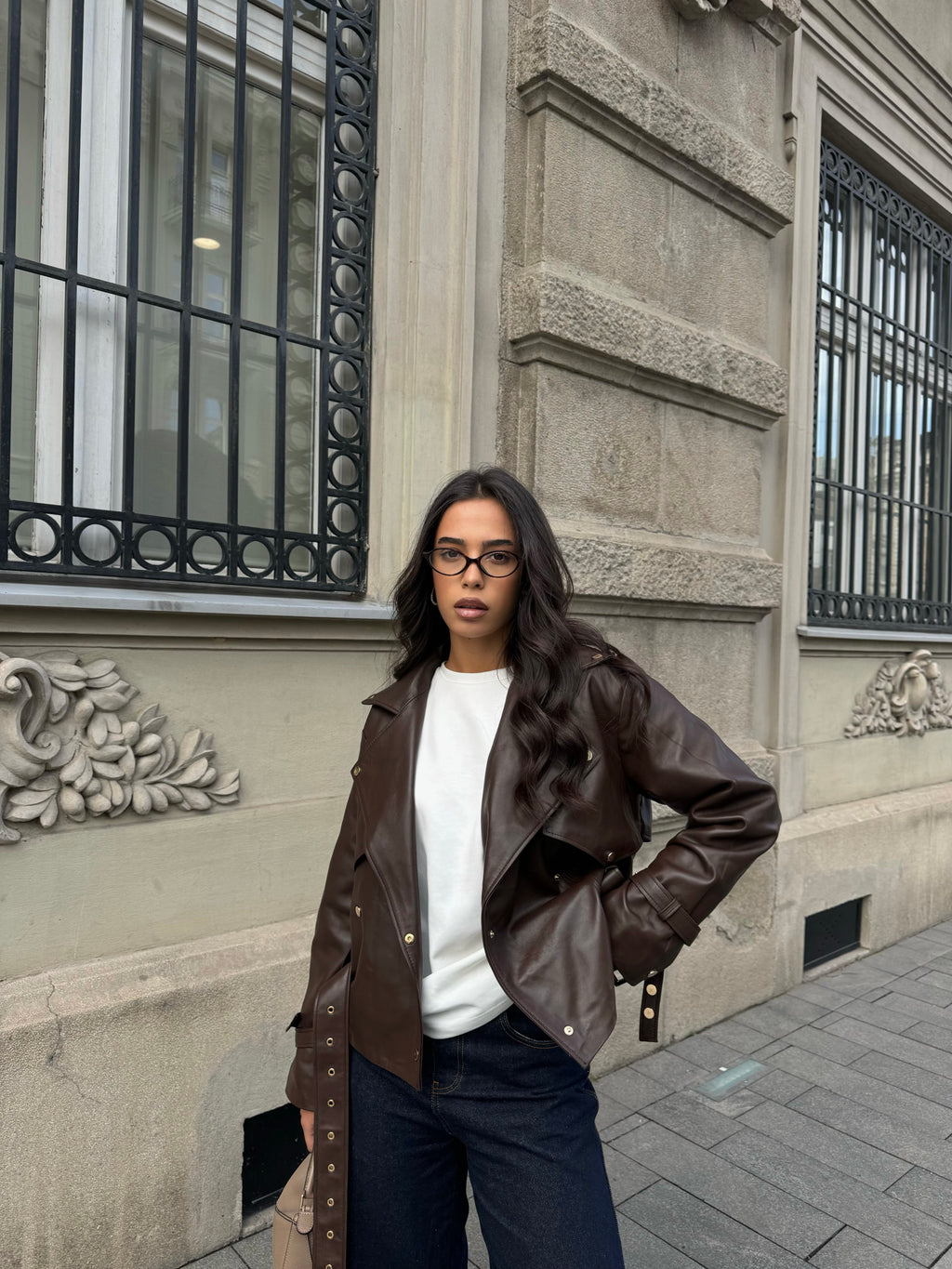 Brown oversized women's leather jacket with belt