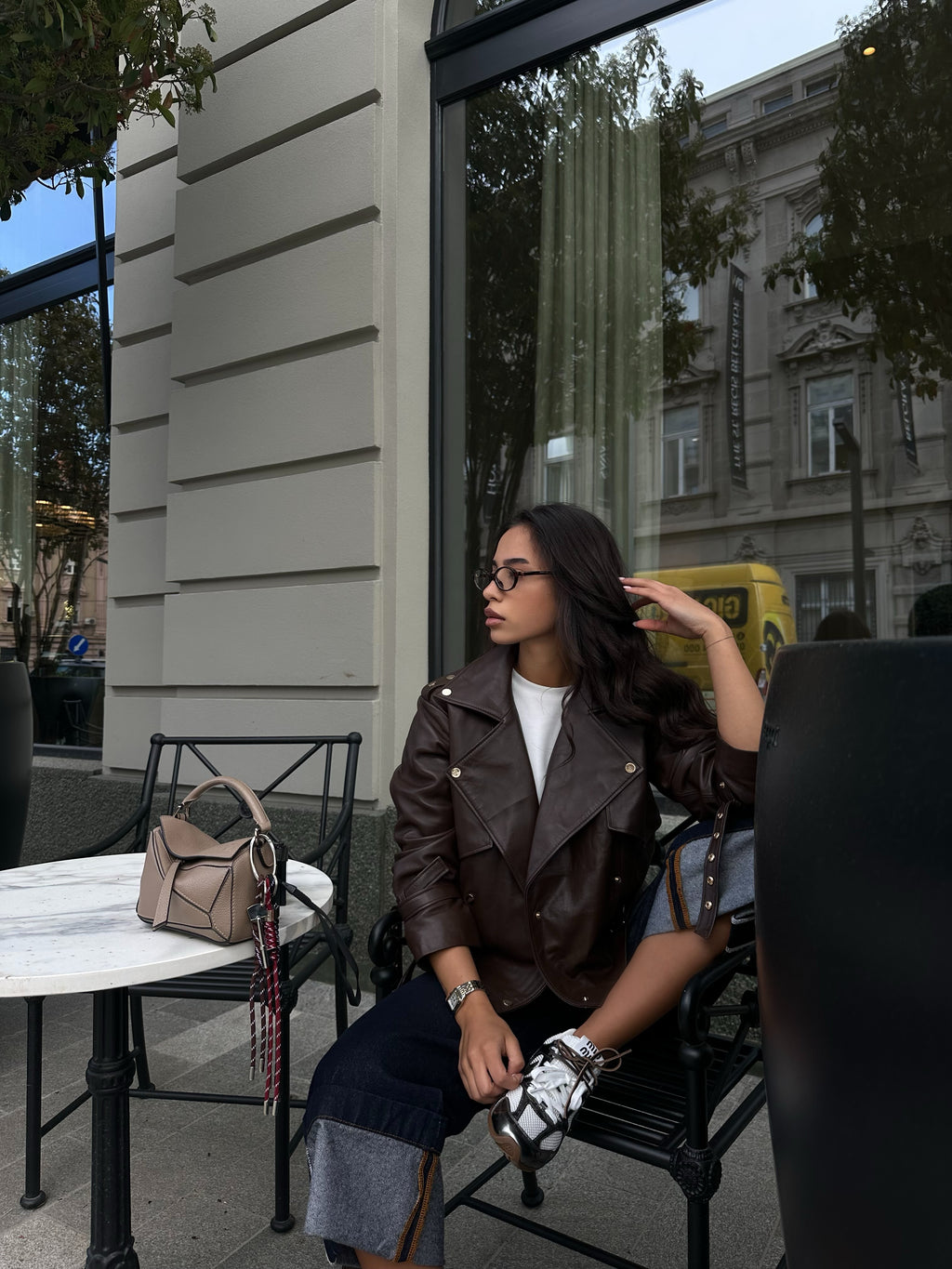 Oversize fit genuine leather jacket with gold accessories 