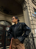 Black oversized women's leather jacket 