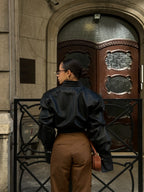 Statement women's leather jacket with bold shoulders