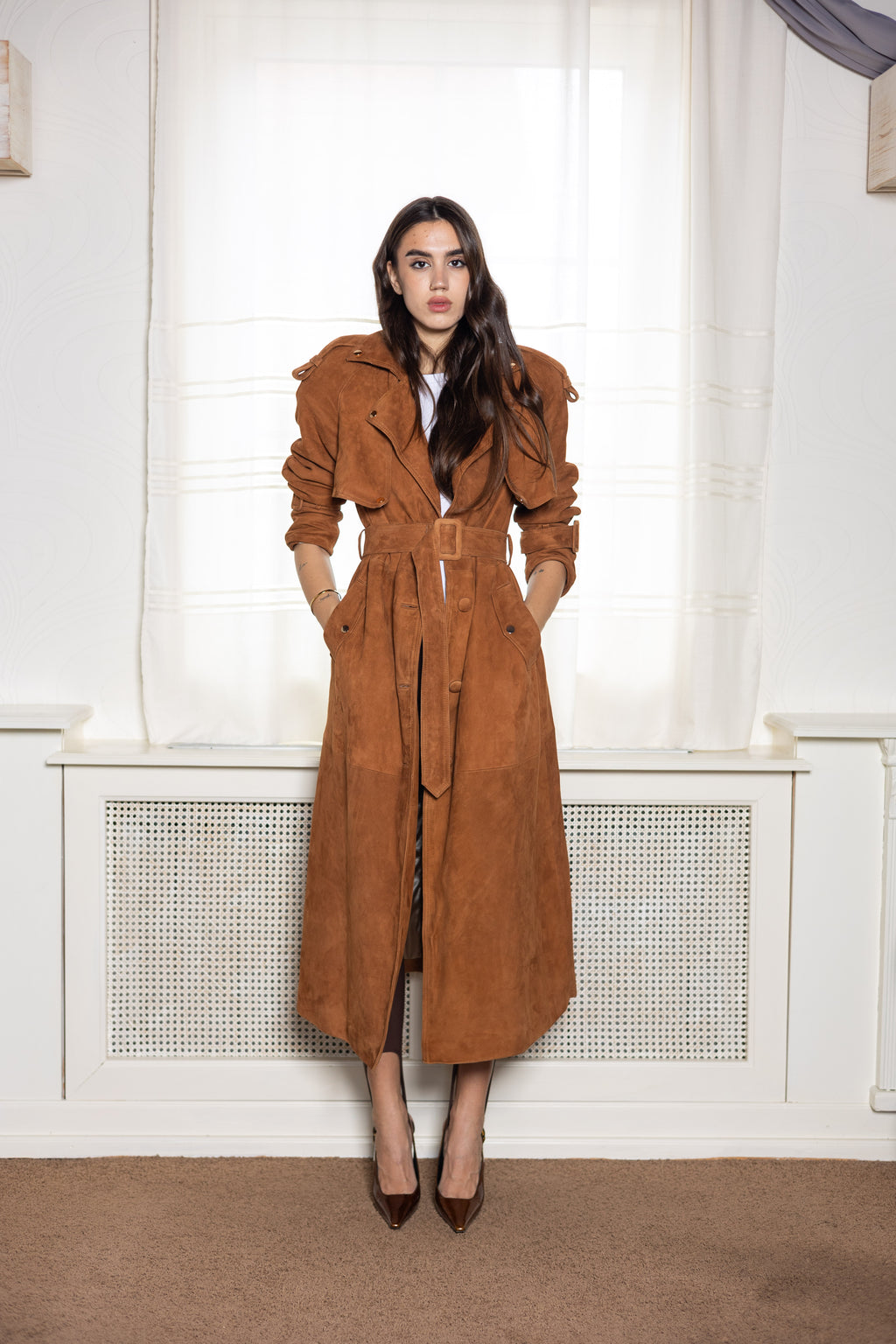 Cognac suede women's trench coat by ELSEYA 