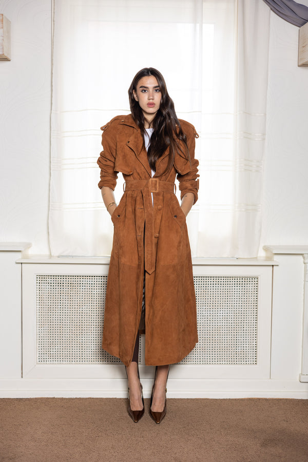 Cognac suede women's trench coat by ELSEYA 