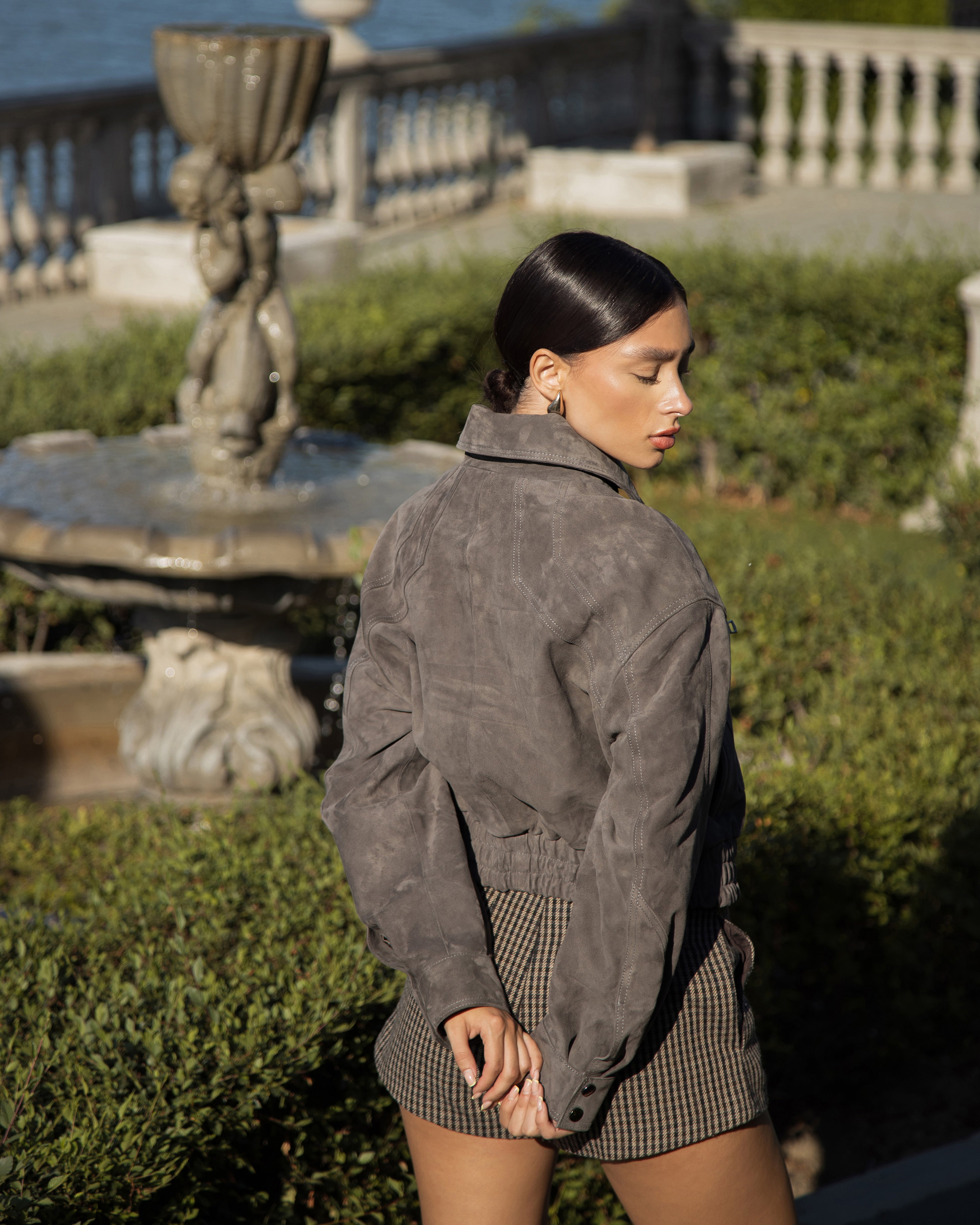 Gray suede women's bomber jacket by ELSEYA