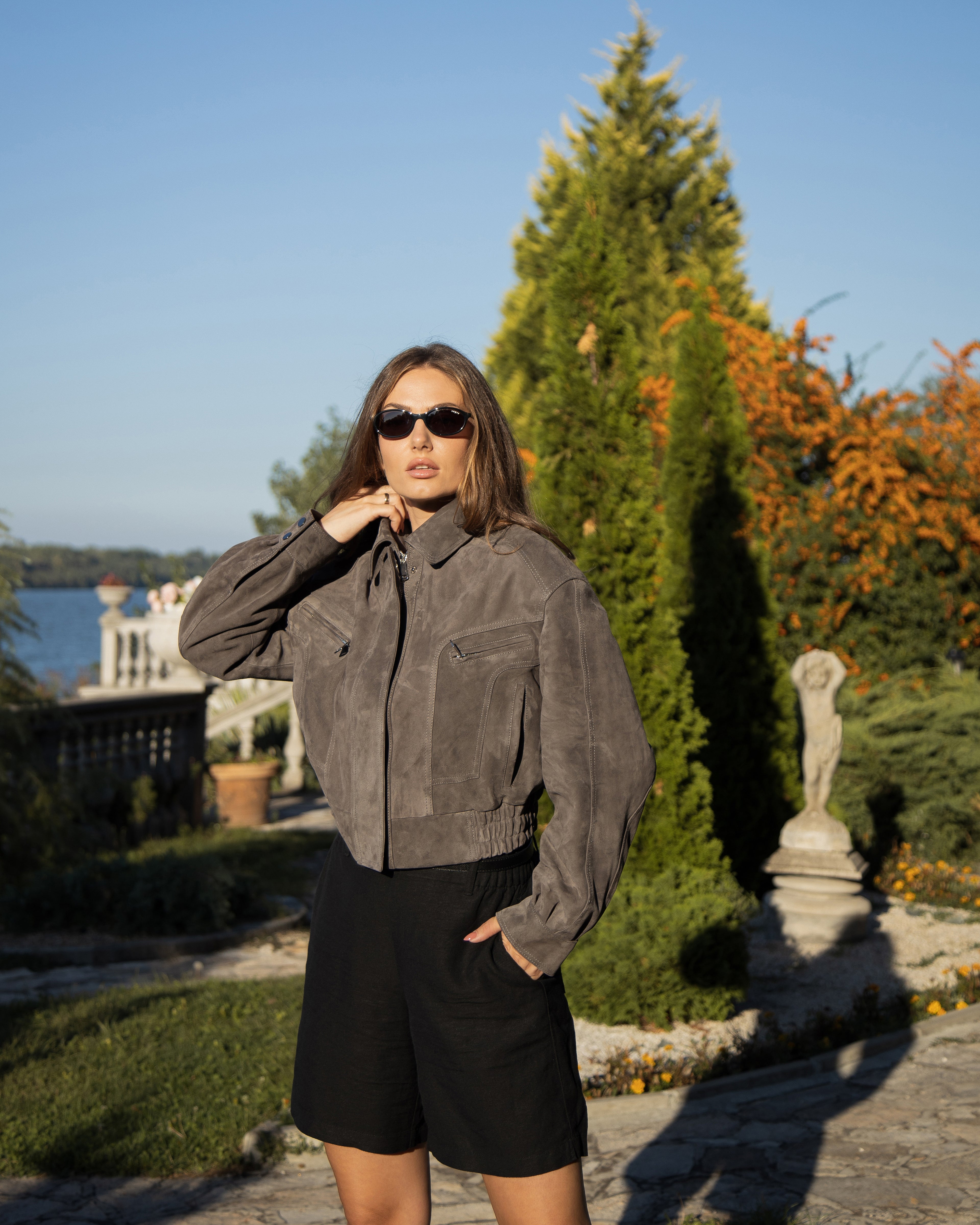 Premium gray leather bomber jacket with shoulder pads 