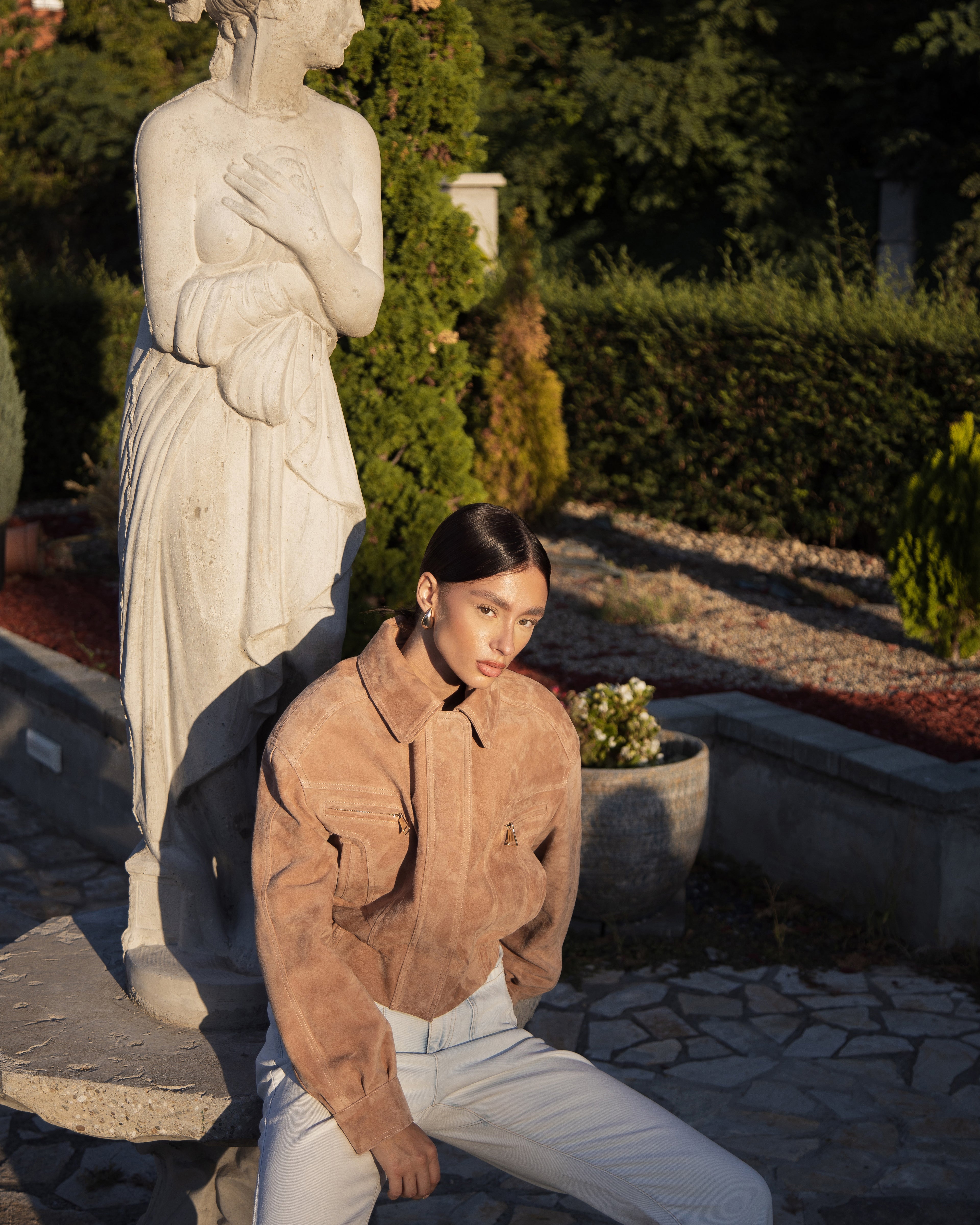 Beige women's leather bomber jacket premium 