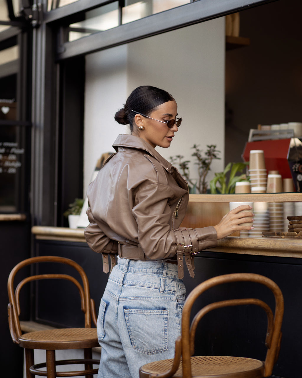 Premium taupe leather jacket regular fit 