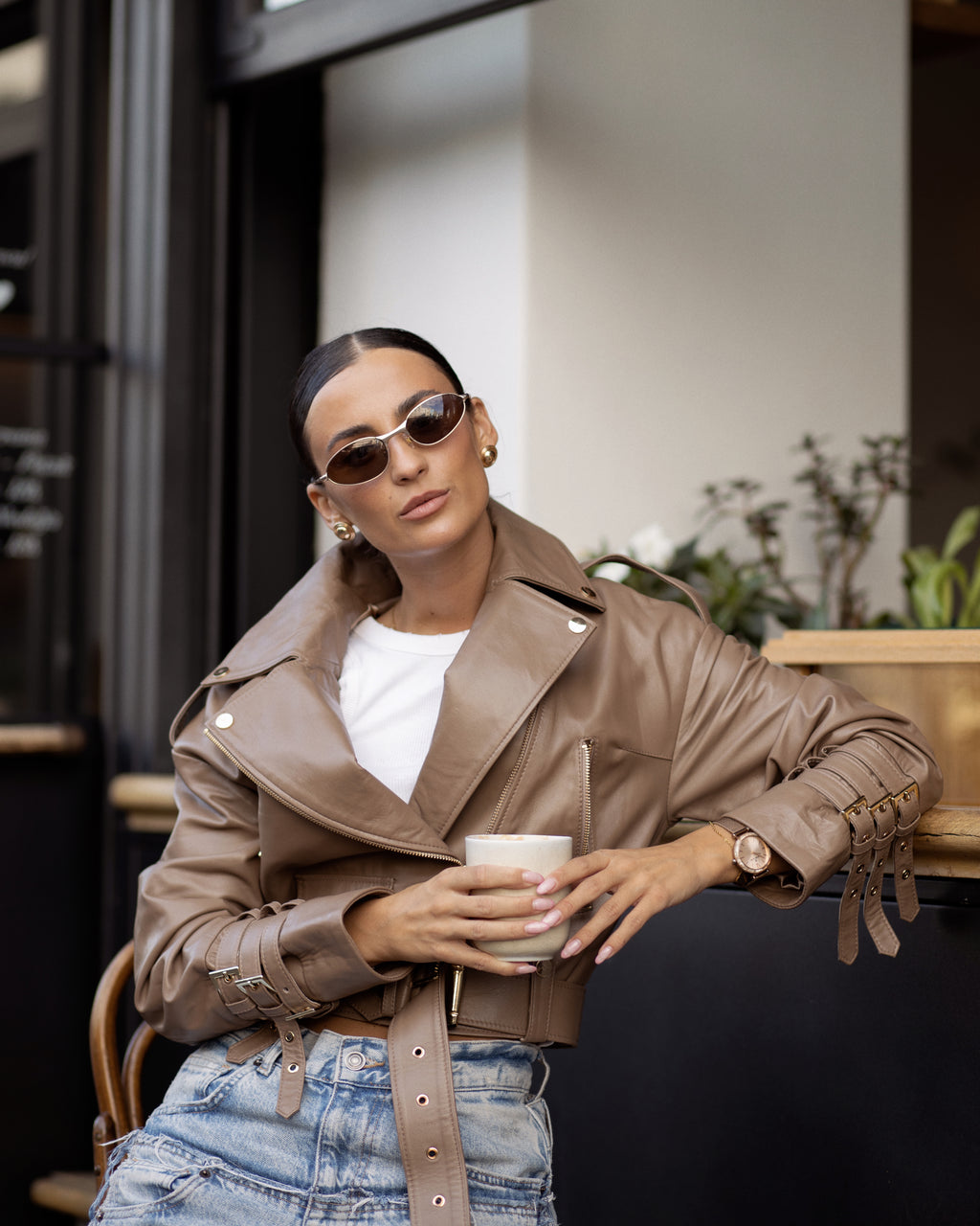 Beige brown women's leather jacket classic cut