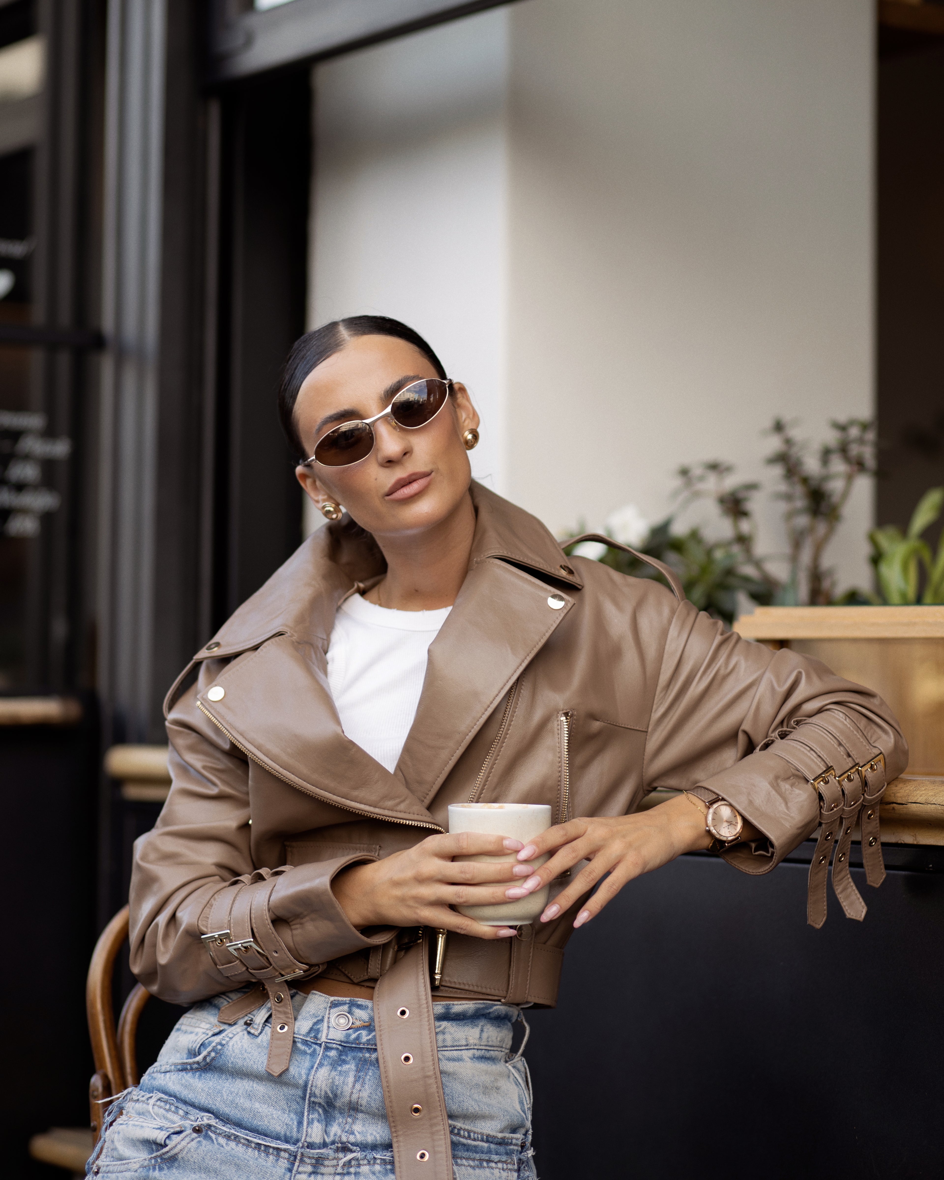 Beige brown women's leather jacket classic cut