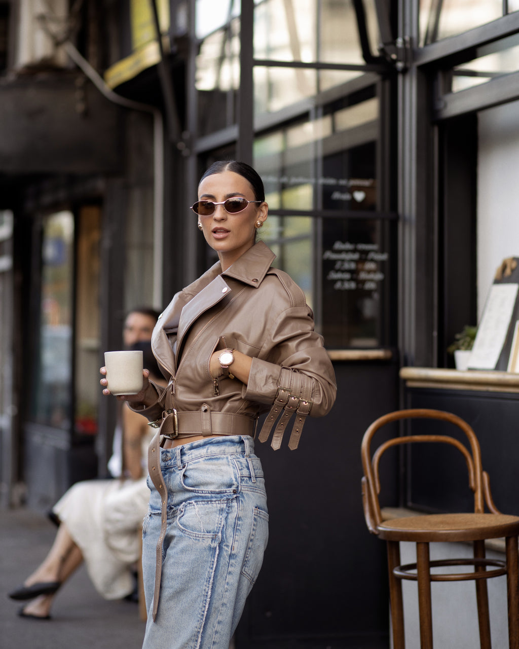 Premium genuine leather jacket in taupe for women