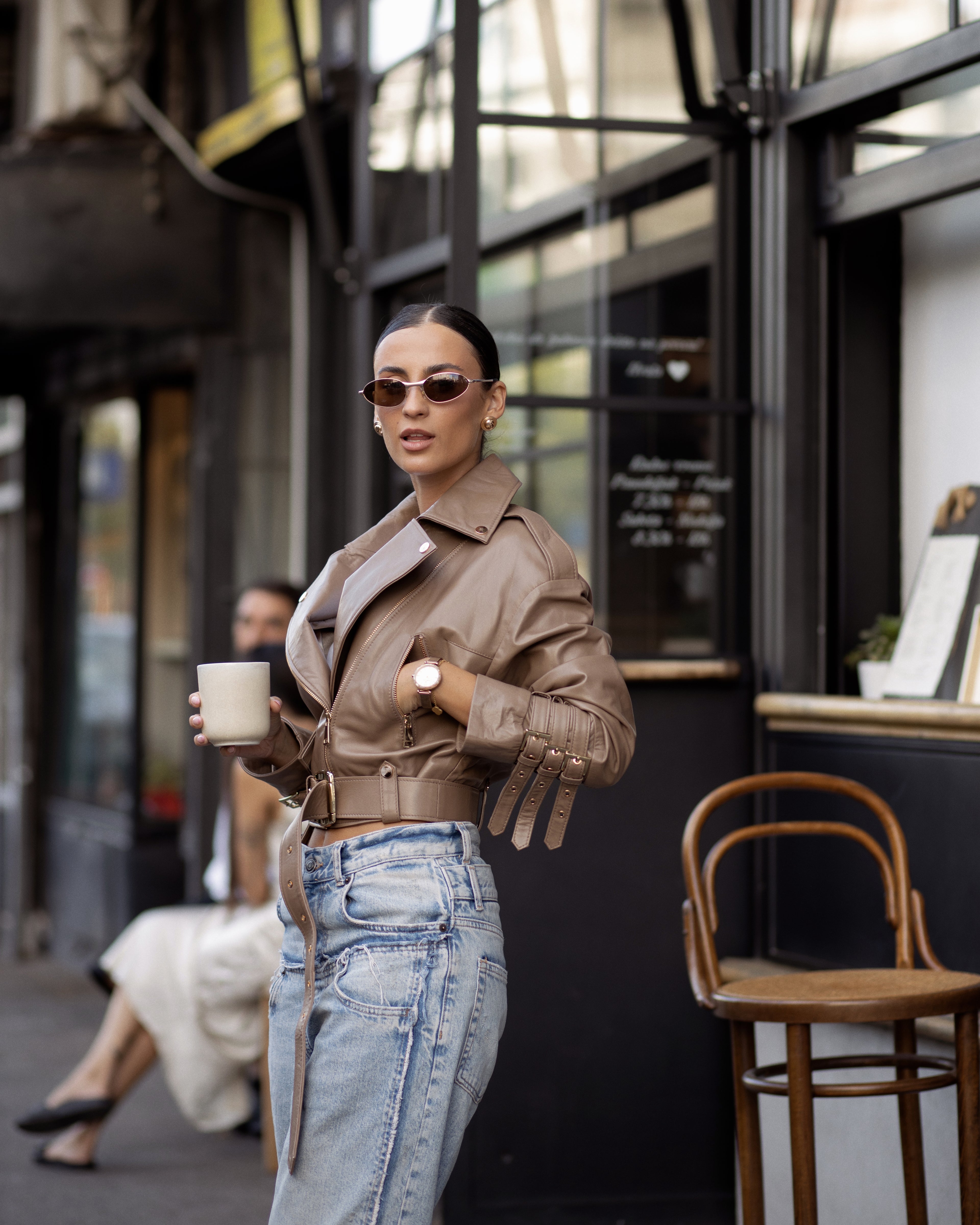 Premium genuine leather jacket in taupe for women