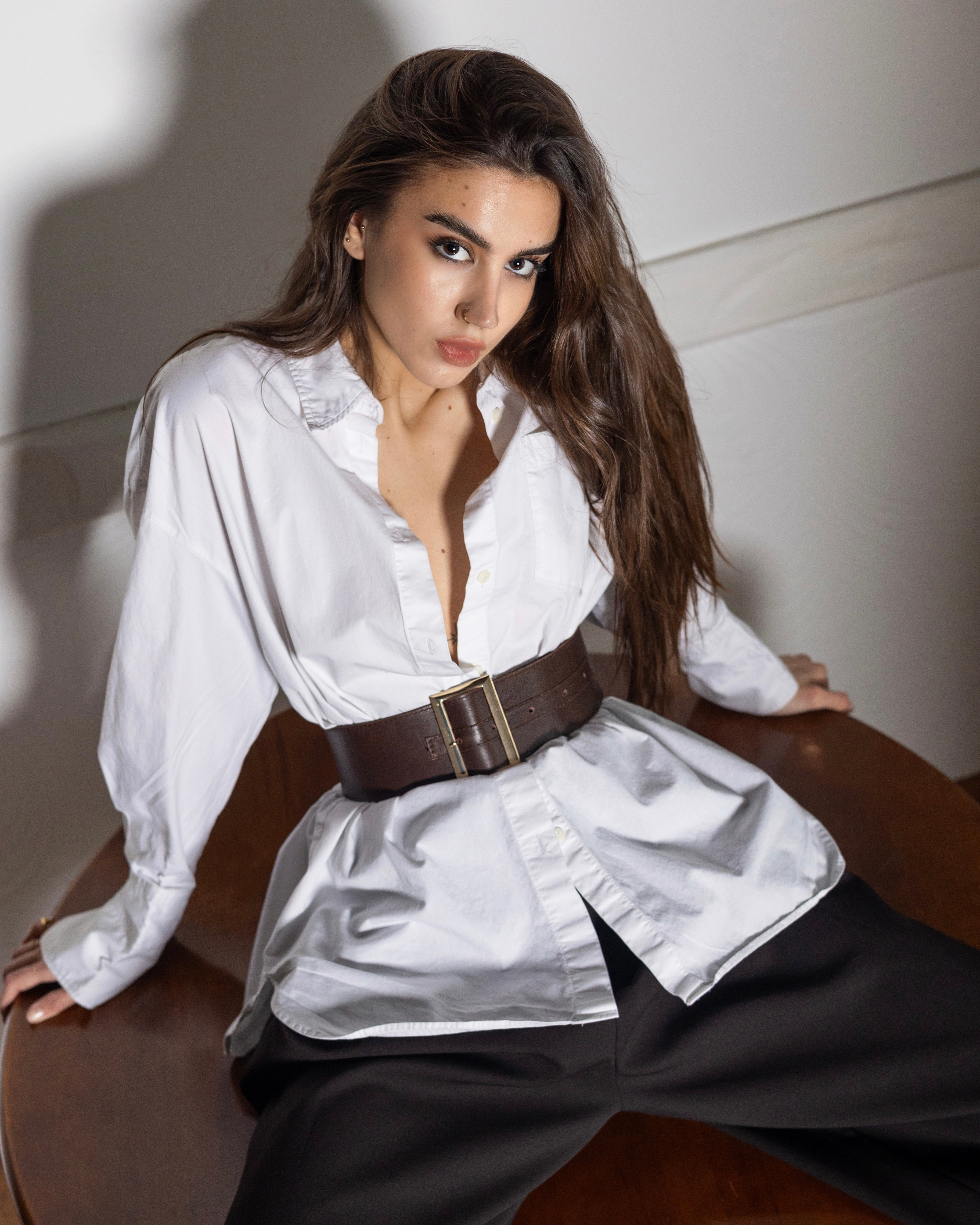 Brown minimalist women's leather belt by LSEYA