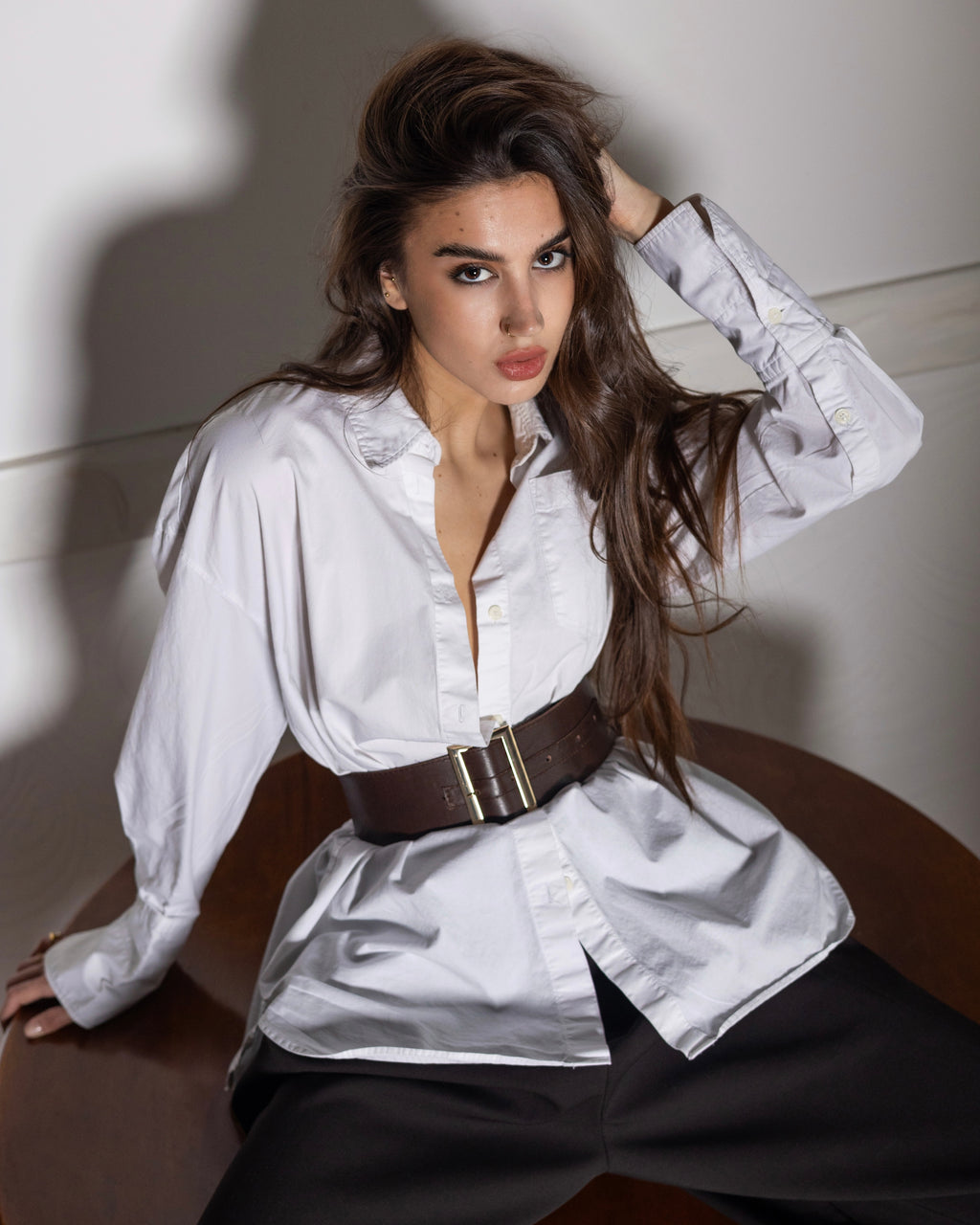 Women's leather belt with gold buckle