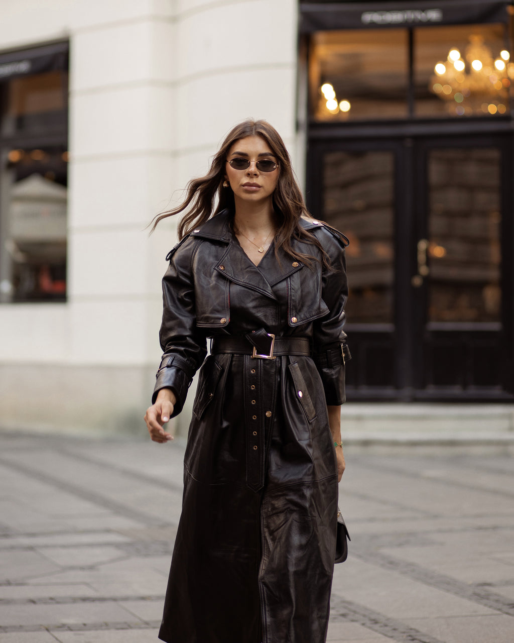 Black women's leather trench coat by ELSEYA