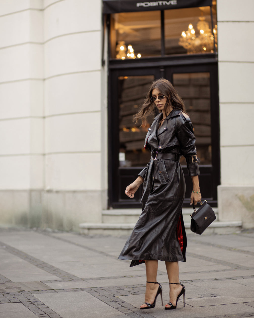 Long genuine leather trench coat for women black color with red lining