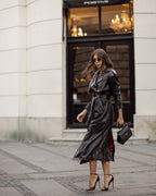 Long genuine leather trench coat for women black color with red lining