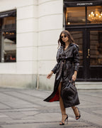 Long black leather coat with waist belt