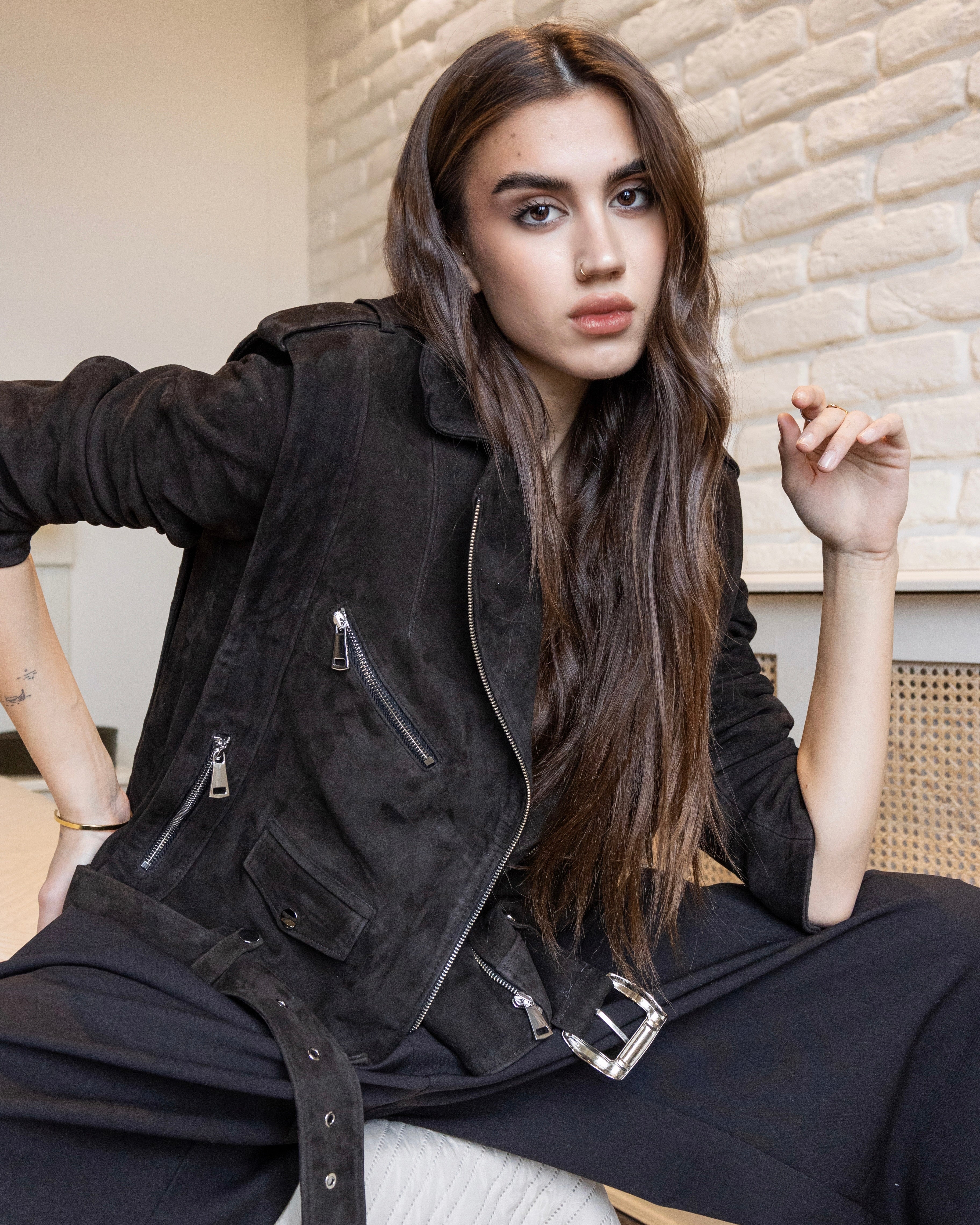 Dark brown suede leather jacket by ELSEYA