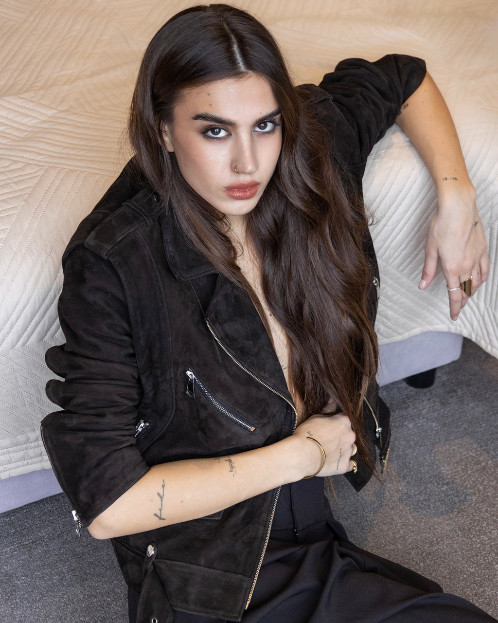 Dark brown suede leather jacket with silver details and straight fit 