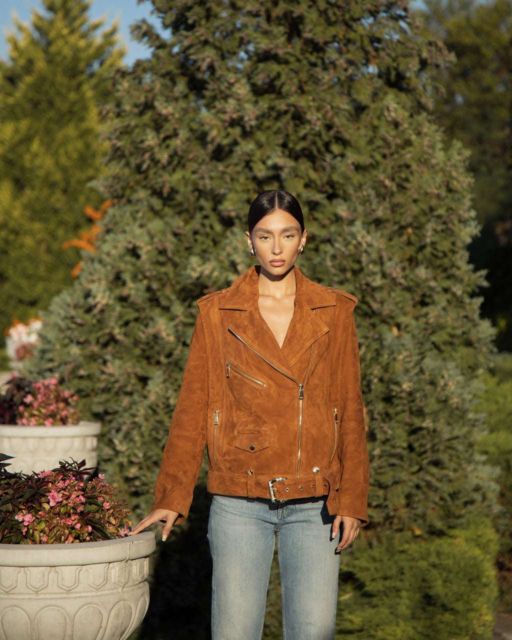 Cognac suede leather jacket for women