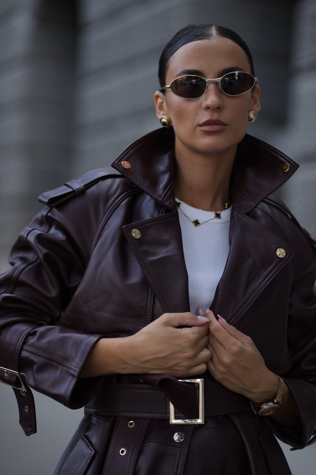 Burgundy leather trench with shoulder pads