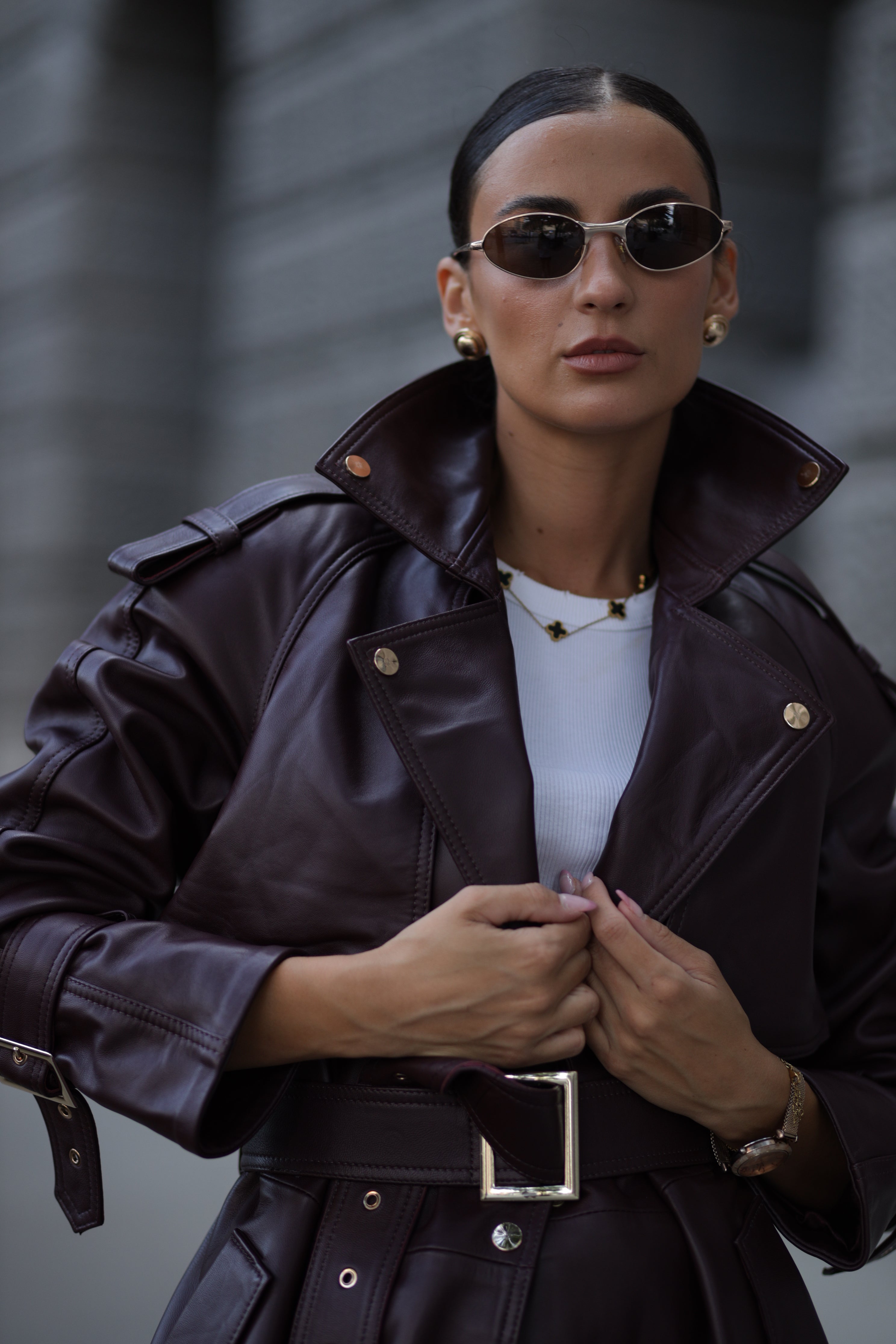 Burgundy leather trench with shoulder pads