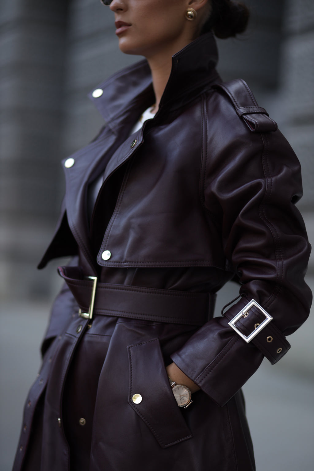Premium burgundy genuine leather coat with gold accesories