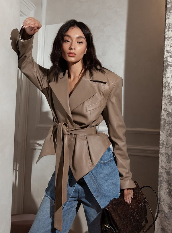 Taupe fitted leather jacket for women