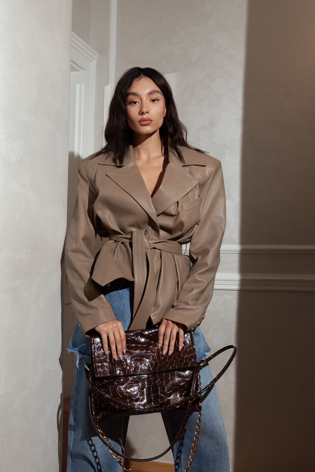 Oversized fit leather jacket for women in taupe