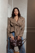 Oversized fit leather jacket for women in taupe